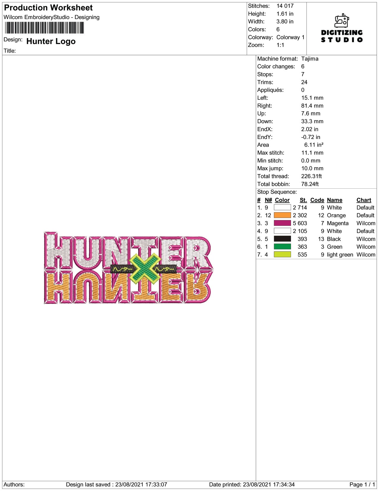 Hunter Hanieb Embroidery Design Files - 4 Size's