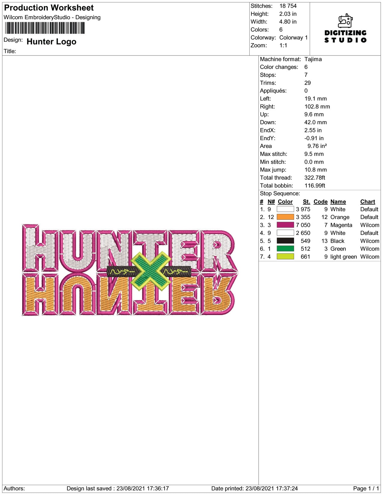 Hunter Hanieb Embroidery Design Files - 4 Size's