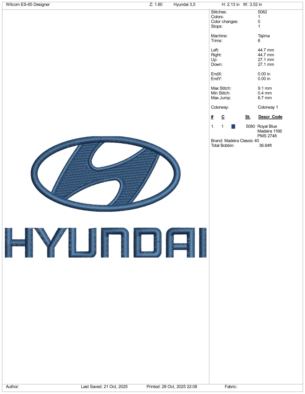 Hyundai Logo Embroidery Design Files - 5 Size's