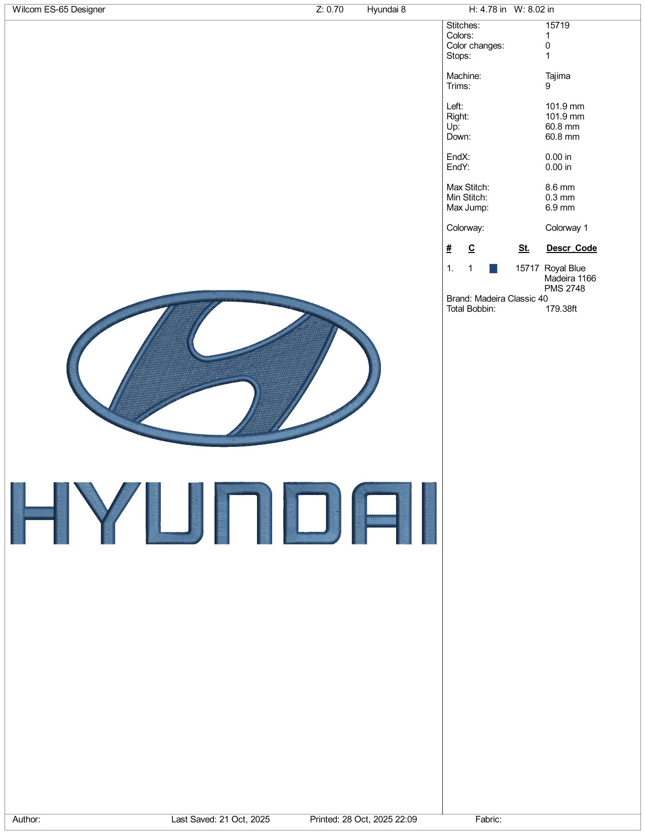 Hyundai Logo Embroidery Design Files - 5 Size's