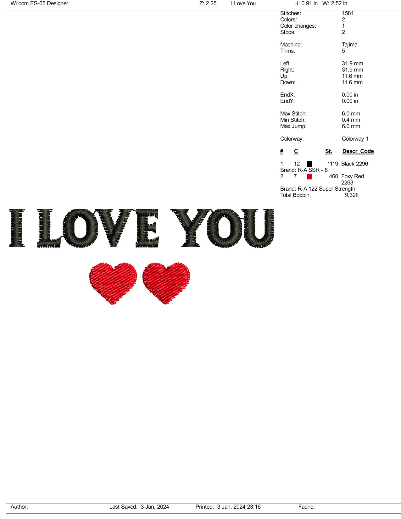 I Love You Embroidery Design Files - 3 Size's