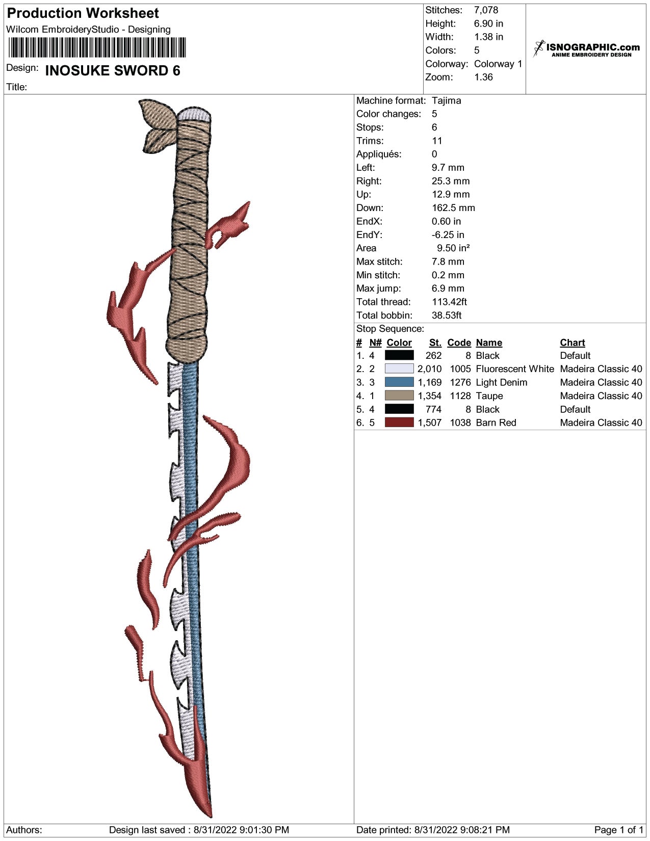 Inosuke Sword Embroidery Design Files - 7 Size's