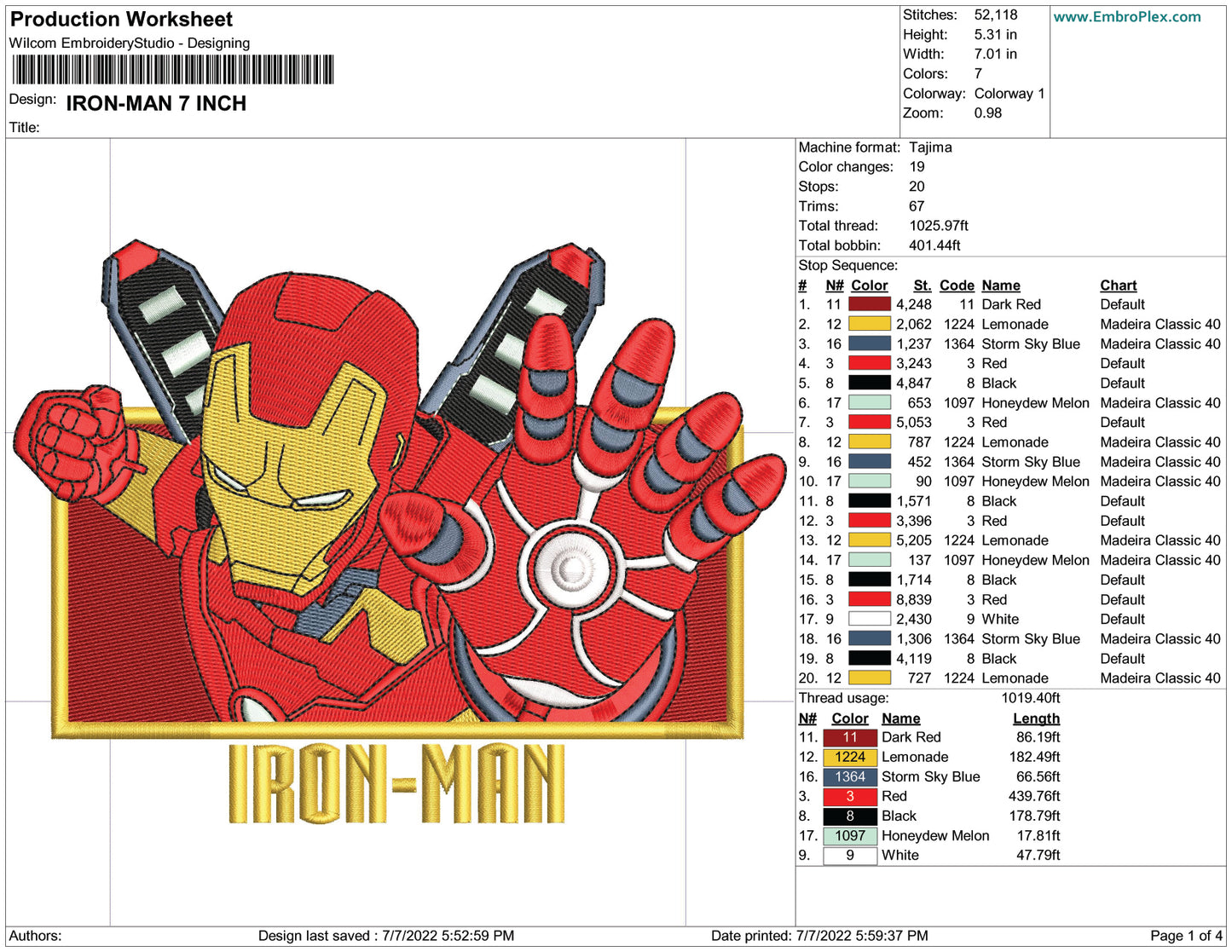 Iron Man v3 Embroidery Design Files - 6 Size's