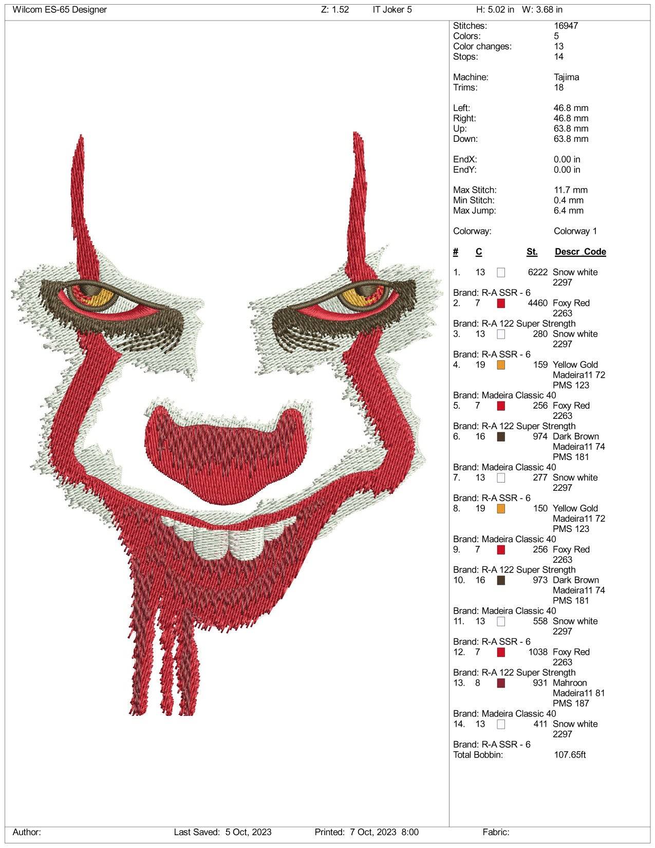 IT Horror Face Embroidery Design Files 