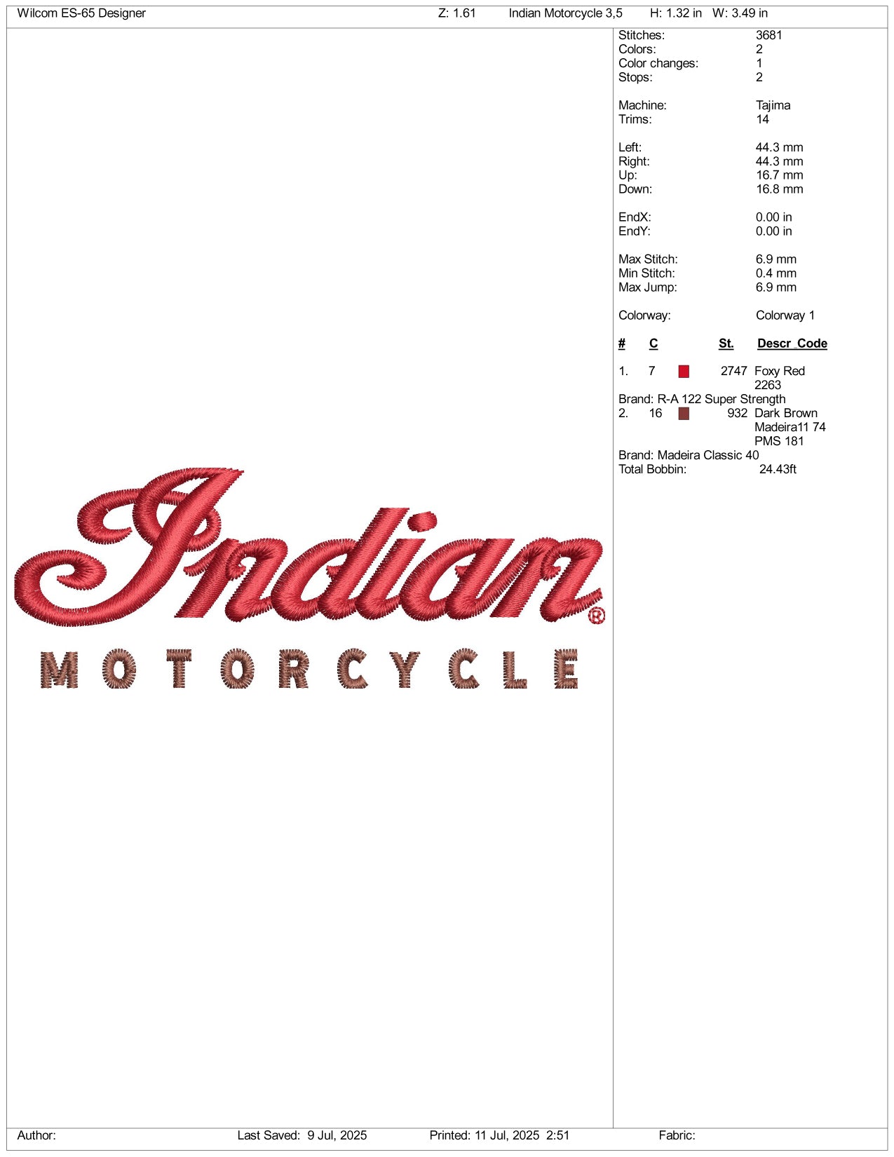 Indian Motorcycle Logo Embroidery Design Files - 3 Size's