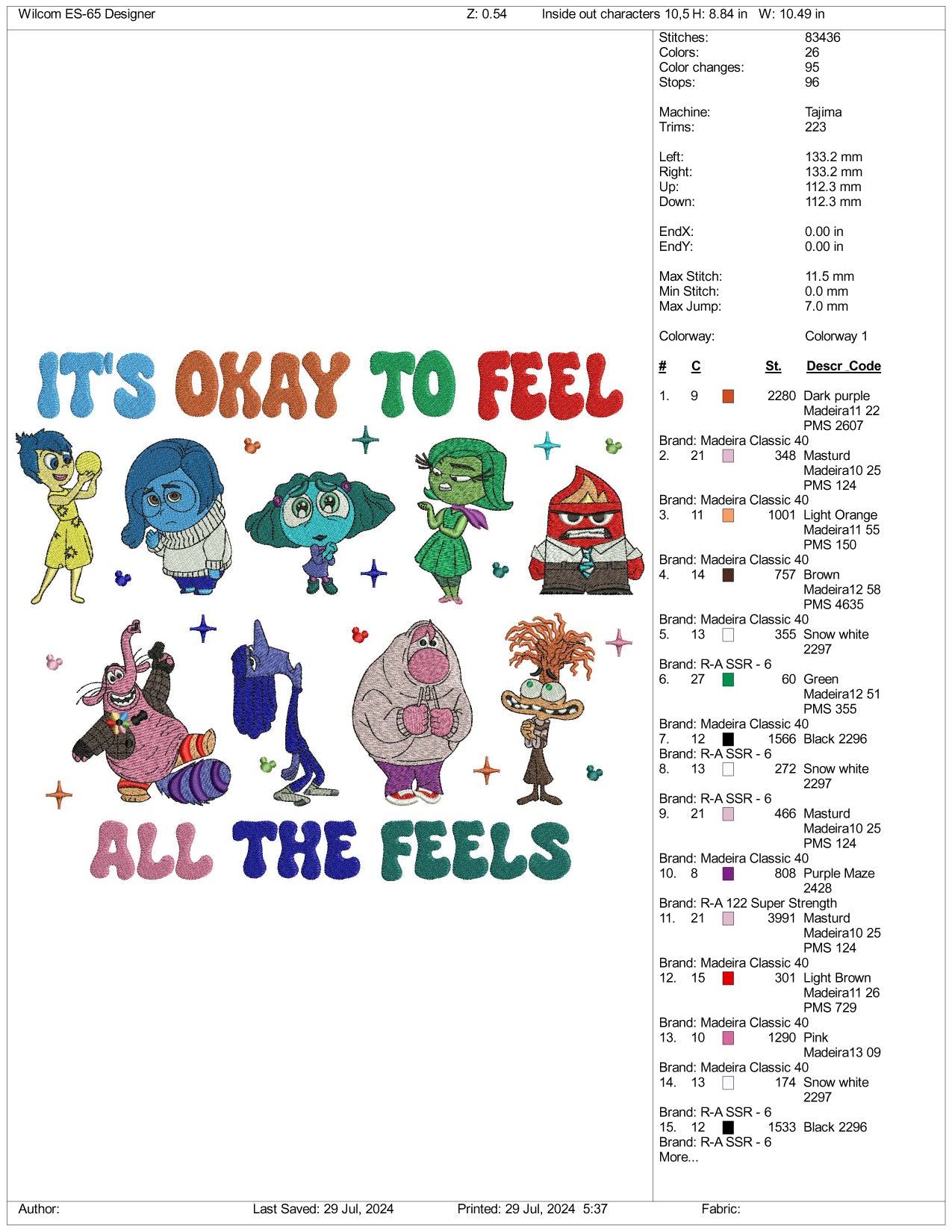 Disney Inside Out Embroidery Design Files - 3 Size's