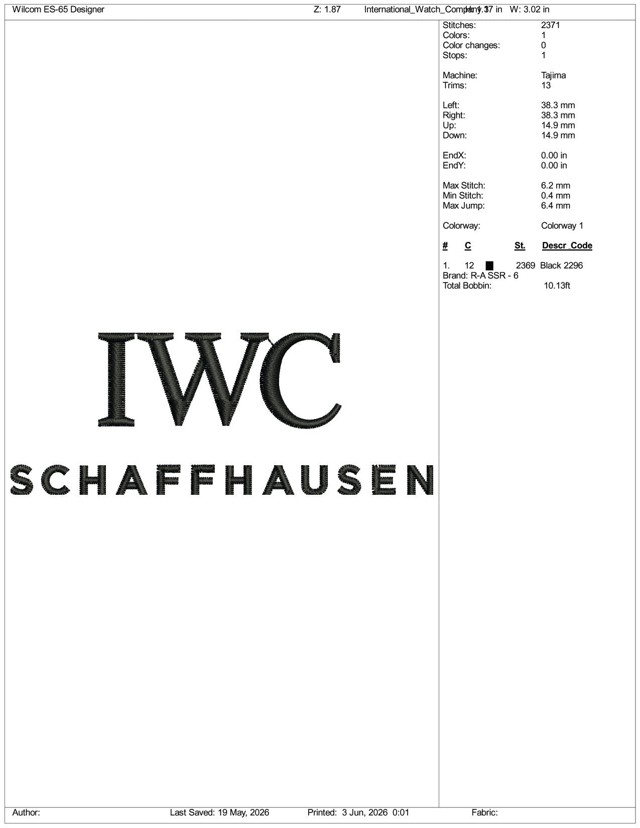IWC Schaffhausen Logo Embroidery Design Files - 3 Size's