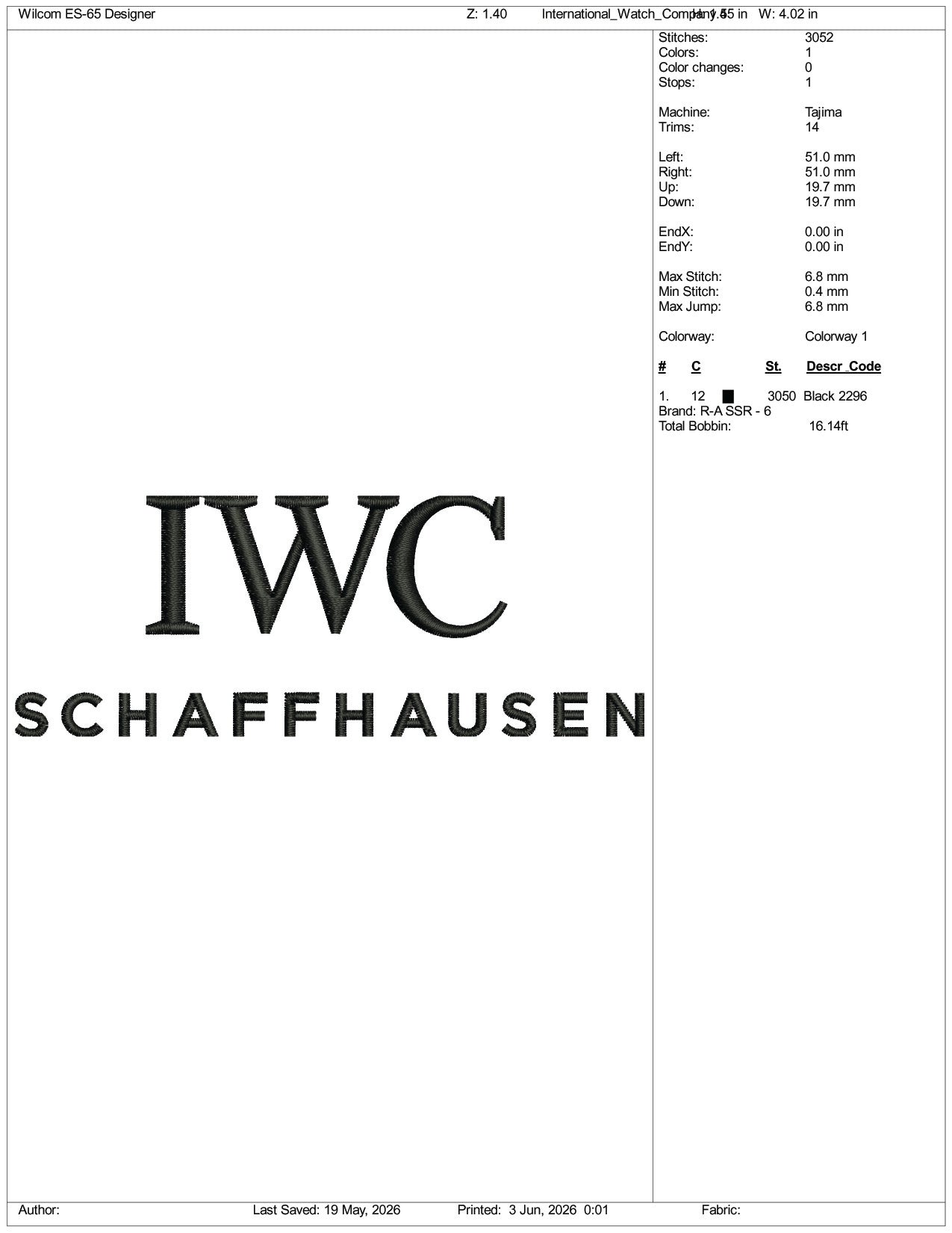 IWC Schaffhausen Logo Embroidery Design Files - 3 Size's