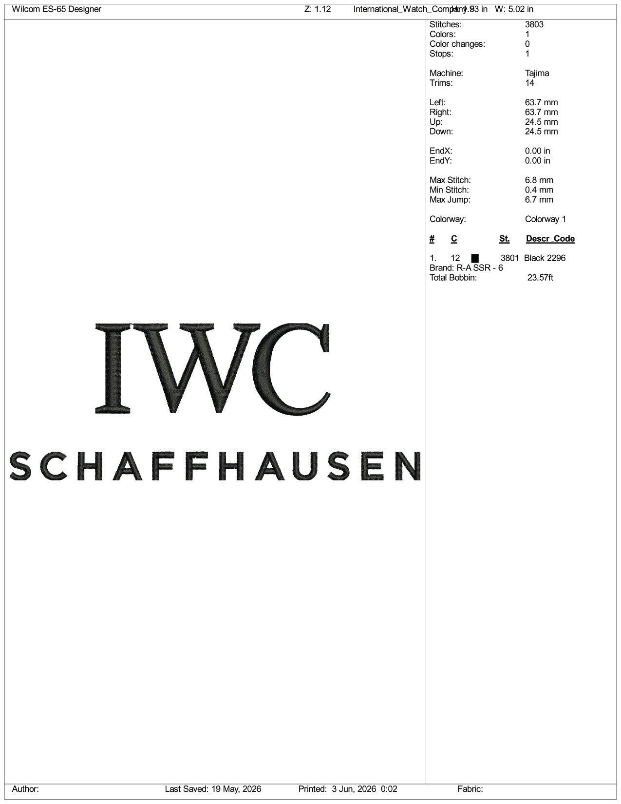 IWC Schaffhausen Logo Embroidery Design Files - 3 Size's