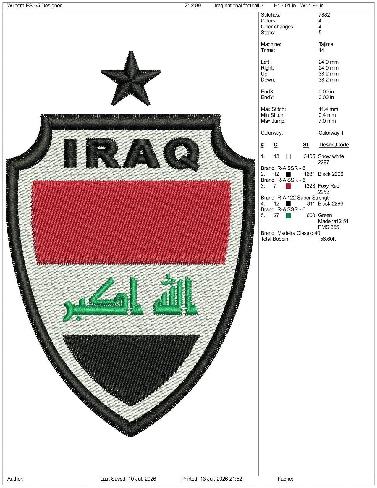 Iraq National Football Logo Embroidery Design Files - 3 Size's