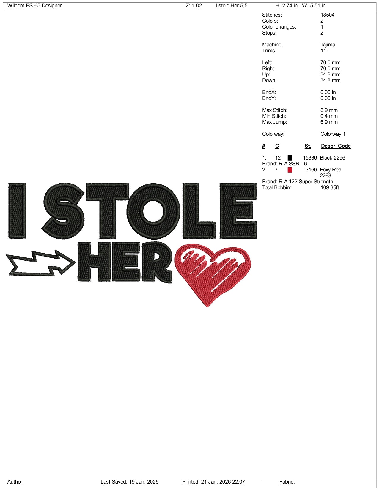 I Stole Her Embroidery Design Files - 3 Size's