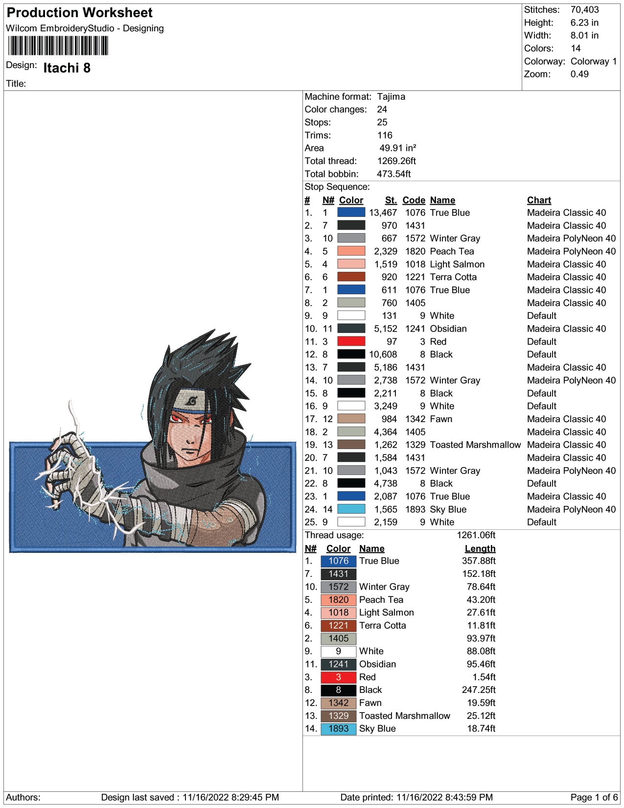 Itachi Uchiha v17 Embroidery Design Files - 6 Size's