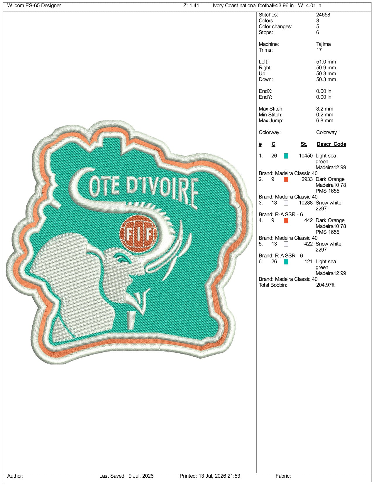 Ivory Coast National Football Logo Embroidery Design Files - 3 Size's