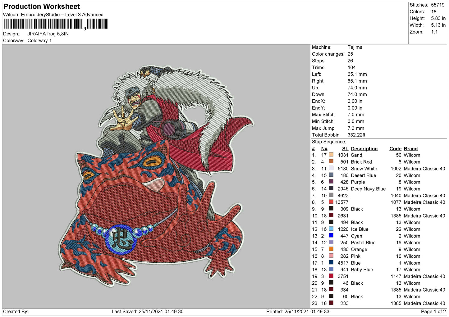 Jiraiya Frog Embroidery Design Files - 4 Size's