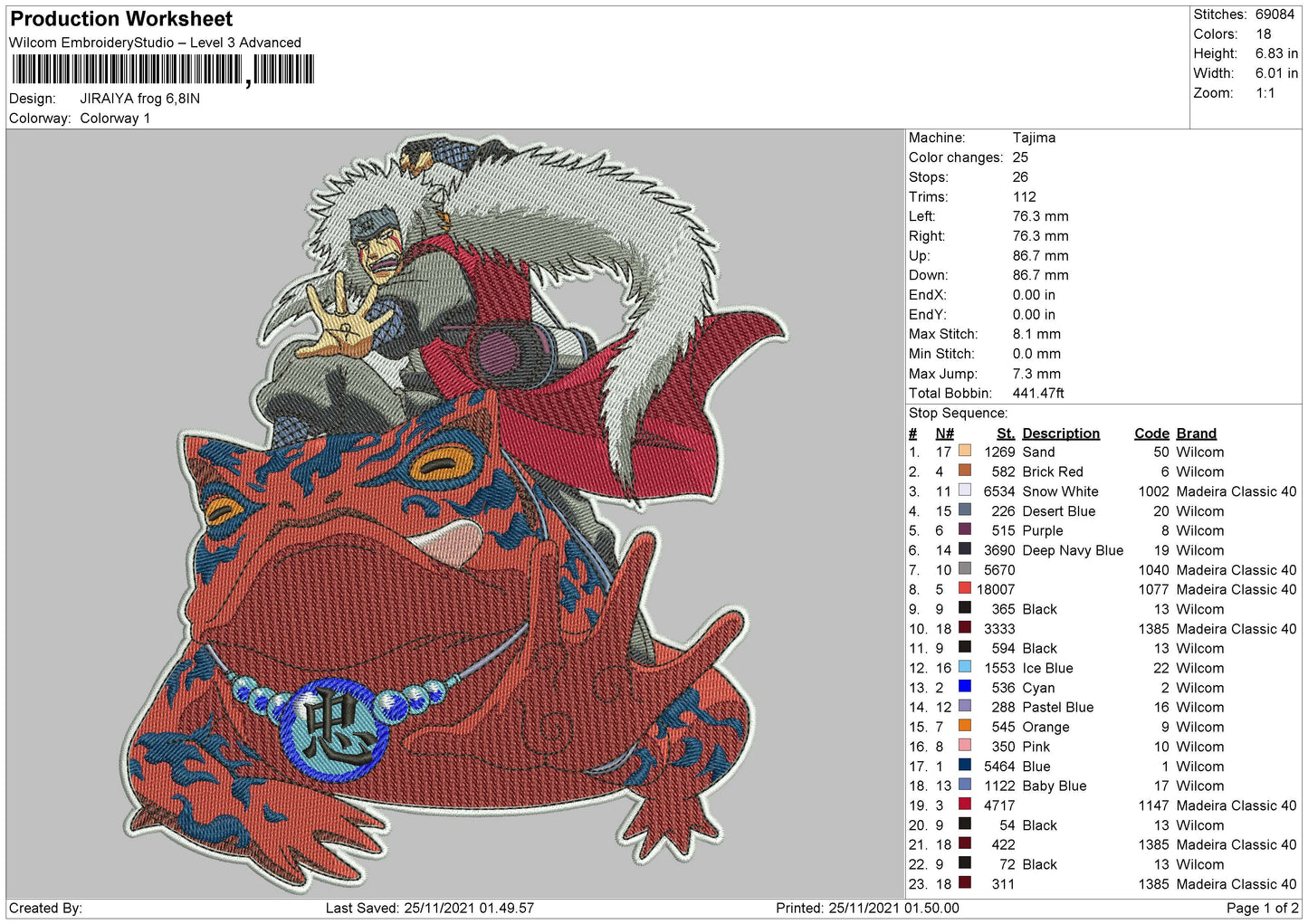 Jiraiya Frog Embroidery Design Files - 4 Size's