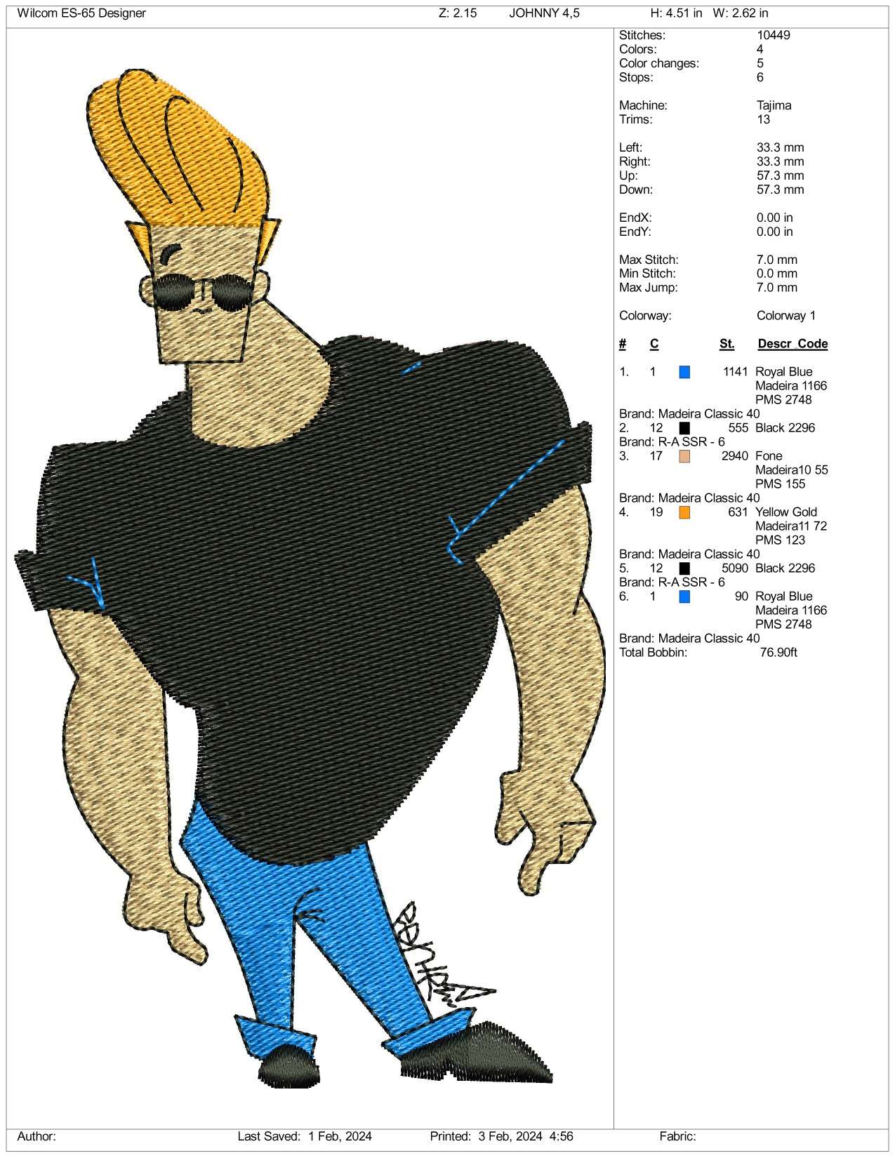 Johnny Bravo Embroidery Design Files - 3 Size's