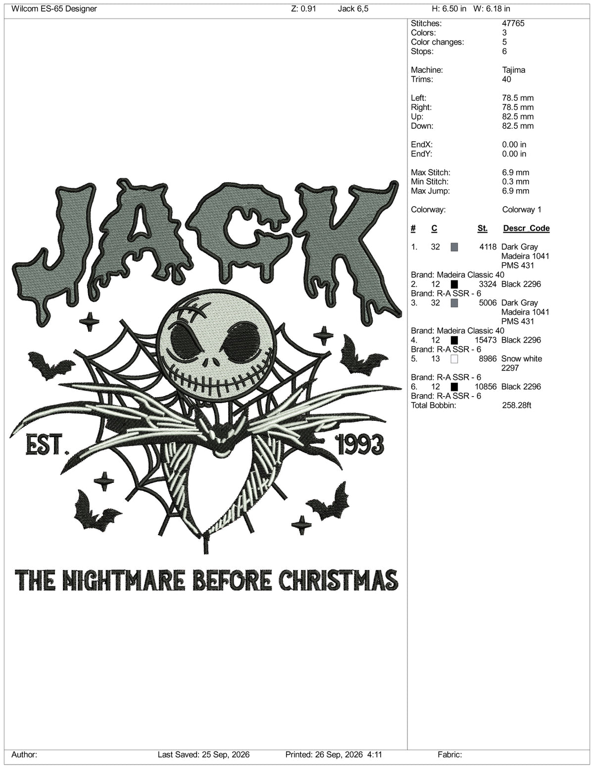 Jack The Nightmare Before Christmas Embroidery Design Files - 3 Size's