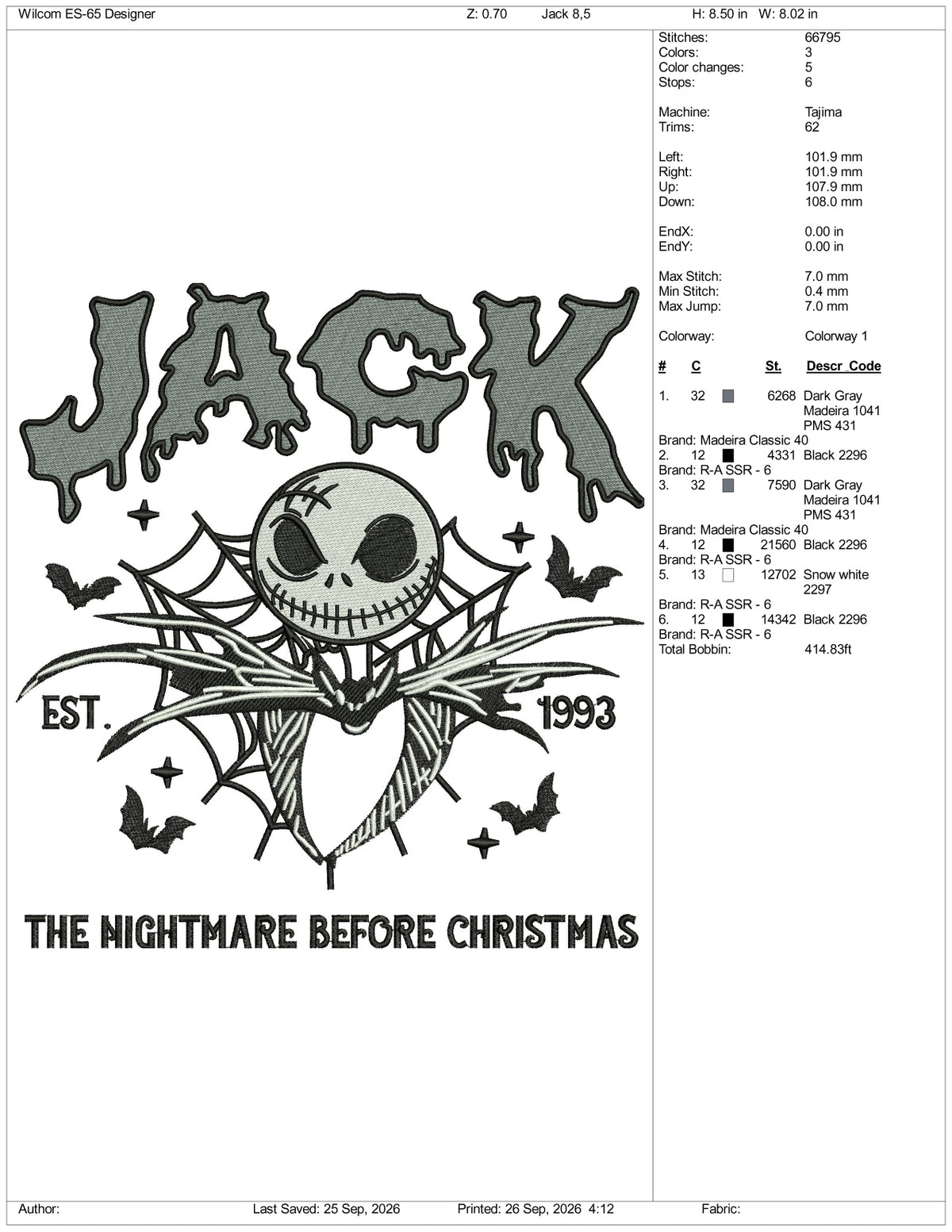 Jack The Nightmare Before Christmas Embroidery Design Files - 3 Size's