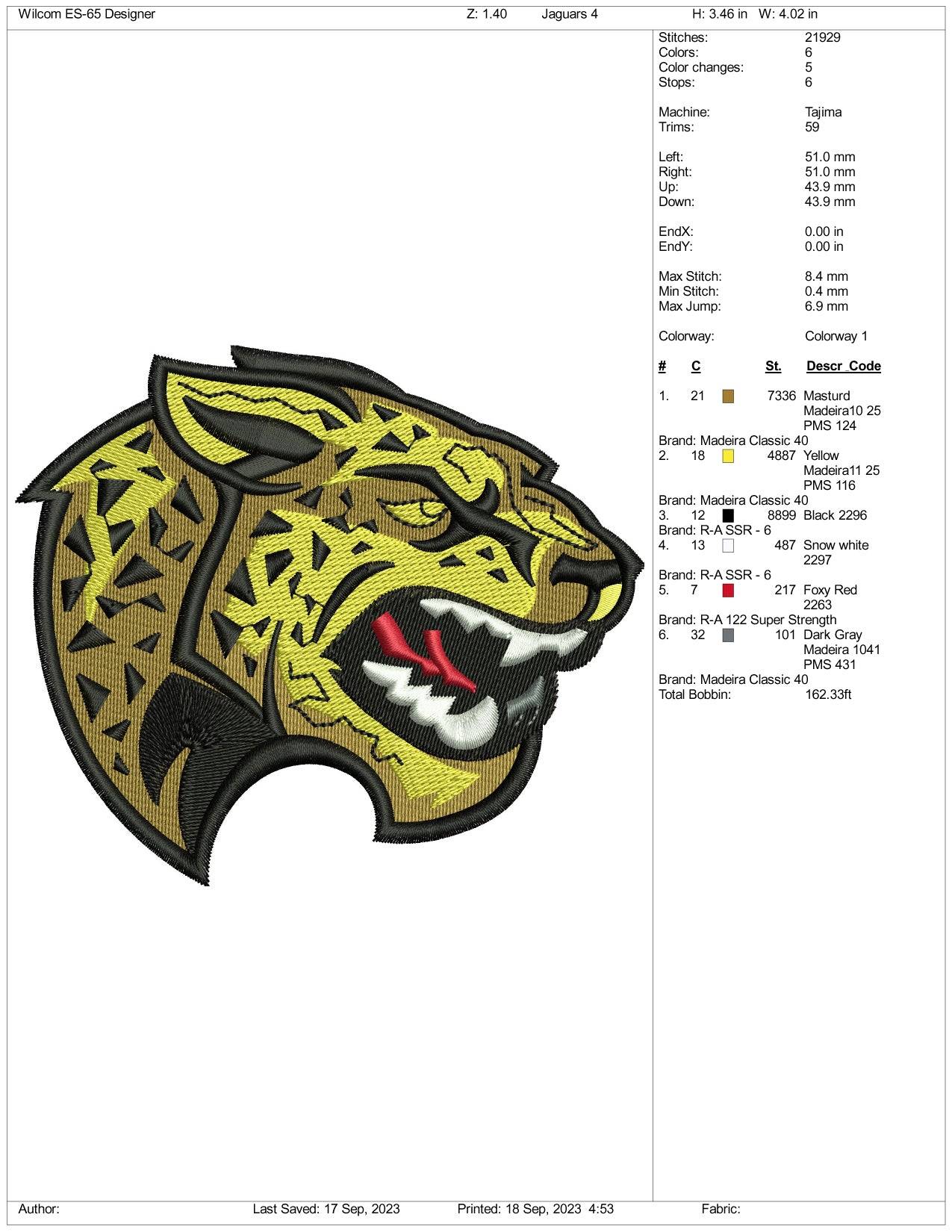 Jaguar Embroidery Design Files - 3 Size's