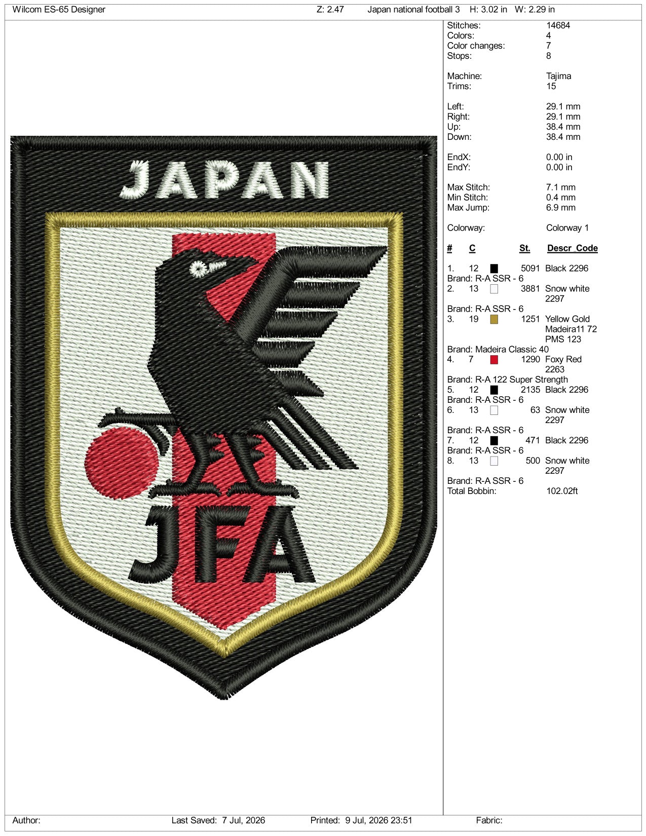 Japan National Football Logo Embroidery Design Files - 3 Size's