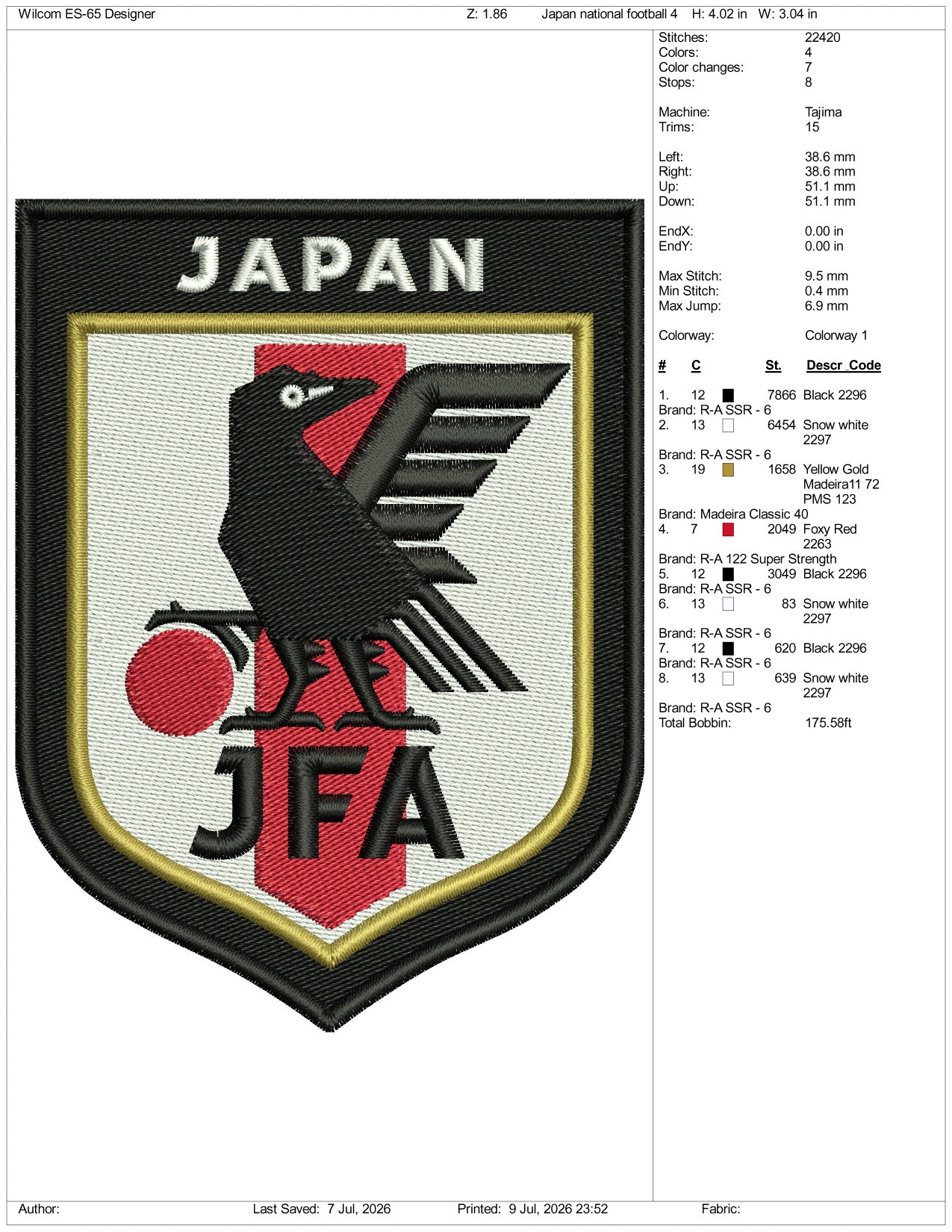 Japan National Football Logo Embroidery Design Files - 3 Size's