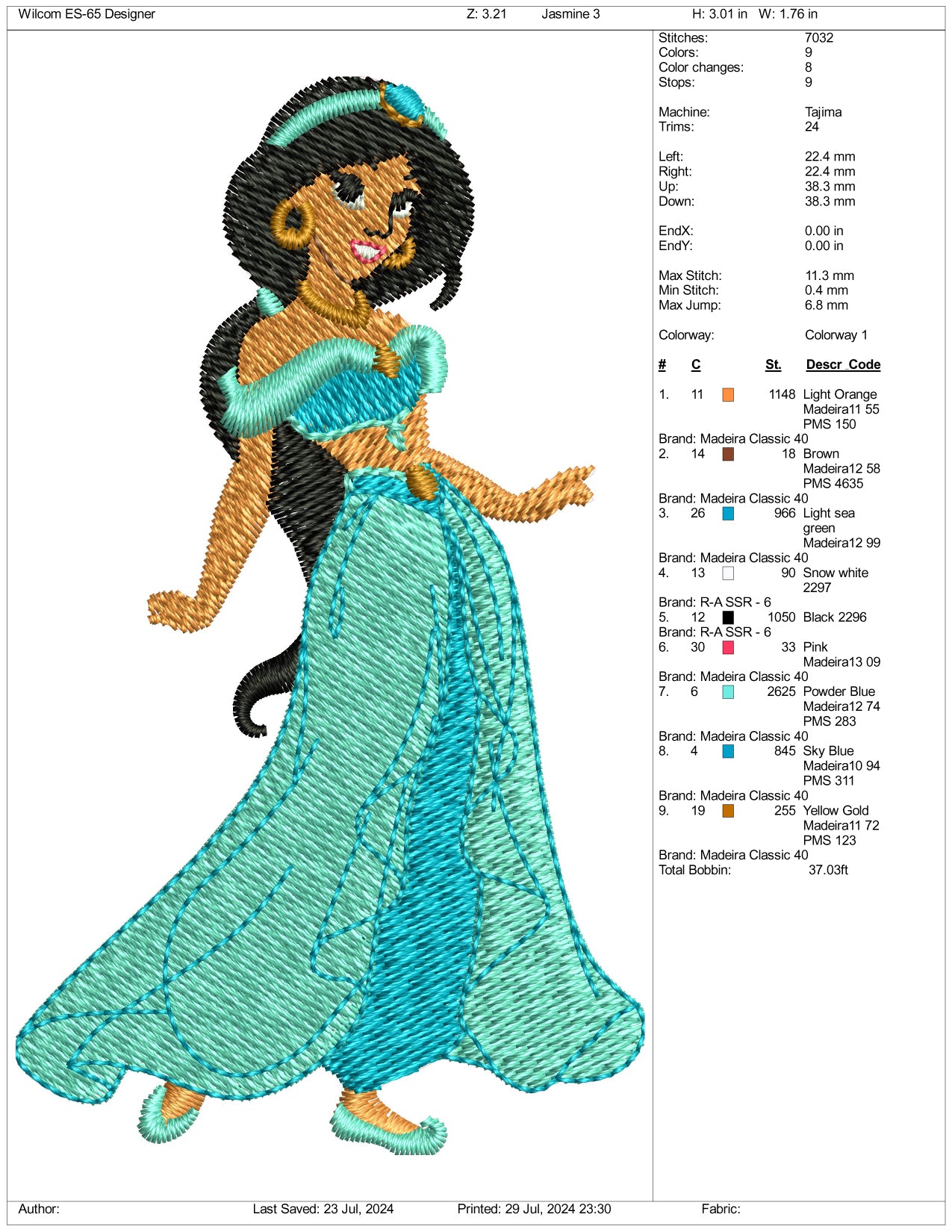 jasmine Embroidery Design Files - 3 Size's