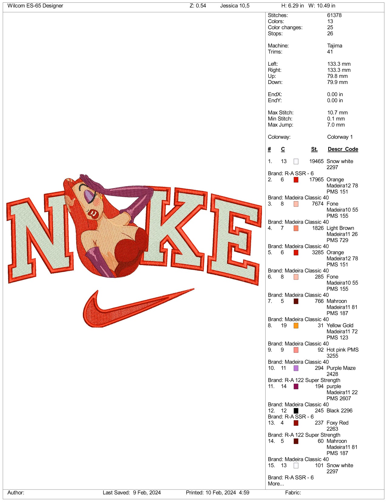 Nike Jessica Rabbit Embroidery Design Files - 3 Size's