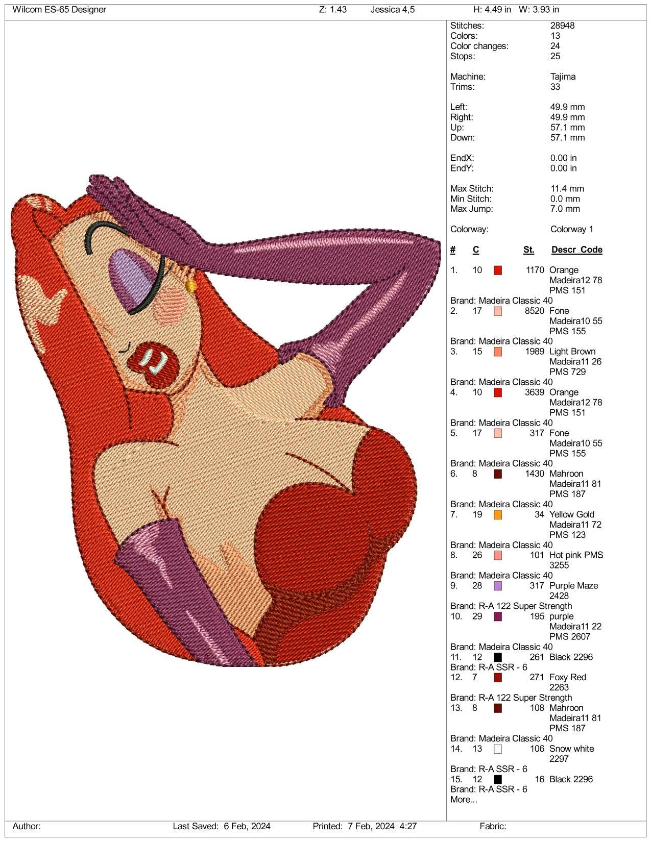 Jessica Rabbit Half Embroidery Design Files - 3 Size's