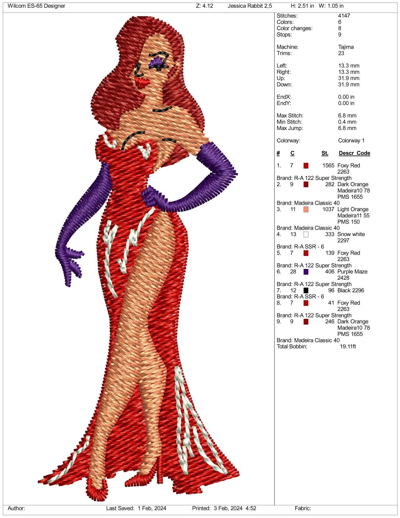 Jessica Rabbit Embroidery Design Files - 3 Size's