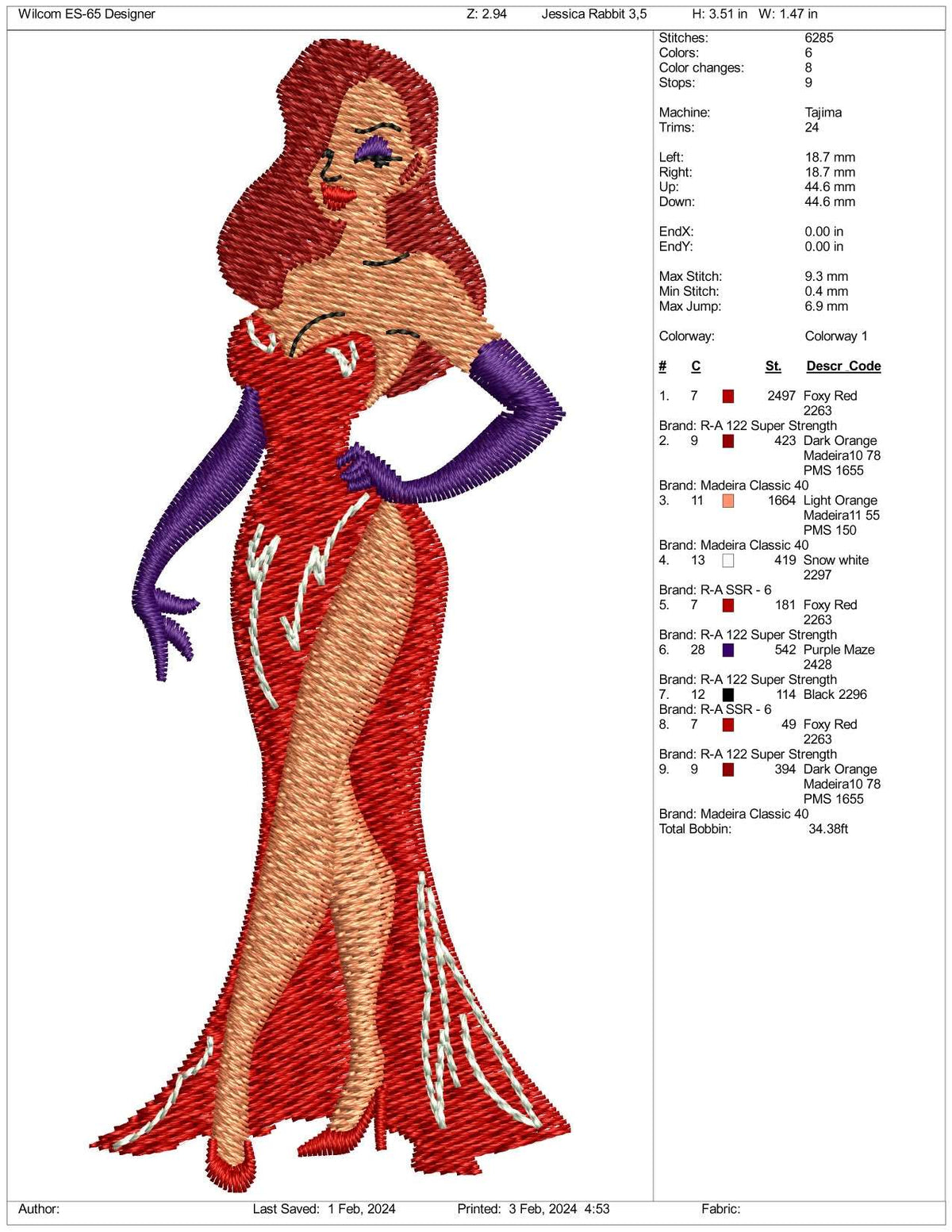 Jessica Rabbit Original Design Jessica Rabbit Embroidery Design Files - 3 Size's – Online Embroidery ...