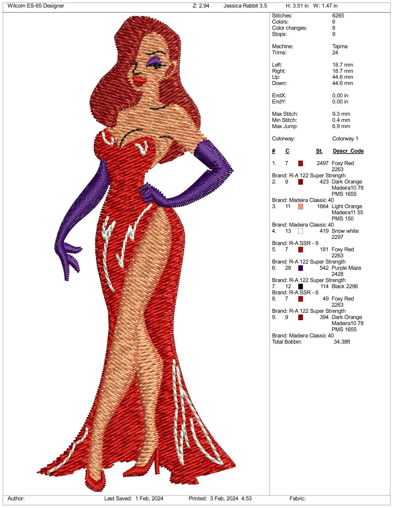 Jessica Rabbit Embroidery Design Files - 3 Size's