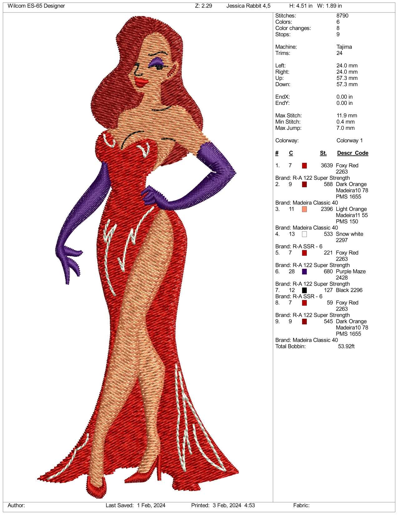 Jessica Rabbit Embroidery Design Files - 3 Size's