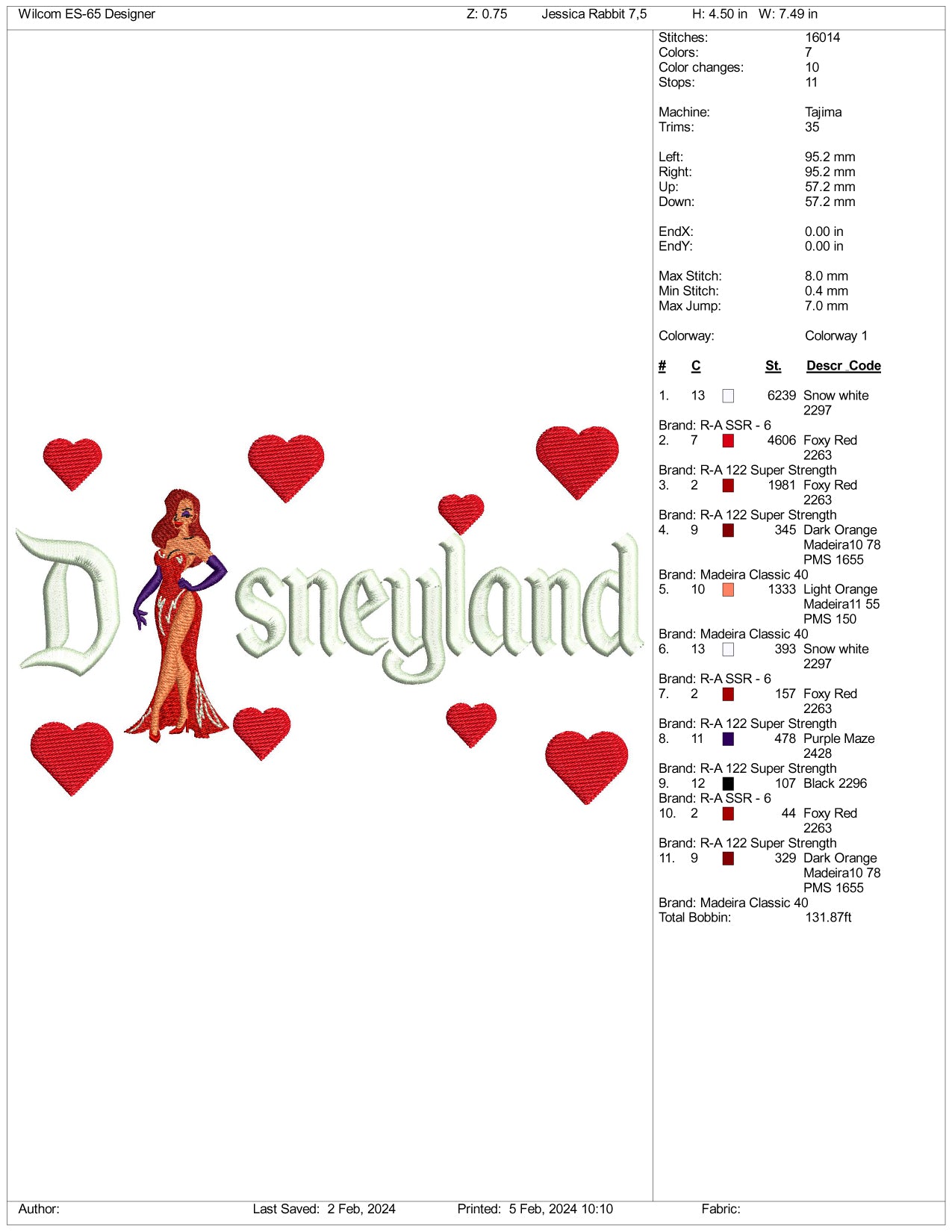 Jessica Rabbit Disneyland Embroidery Design Files - 3 Size's