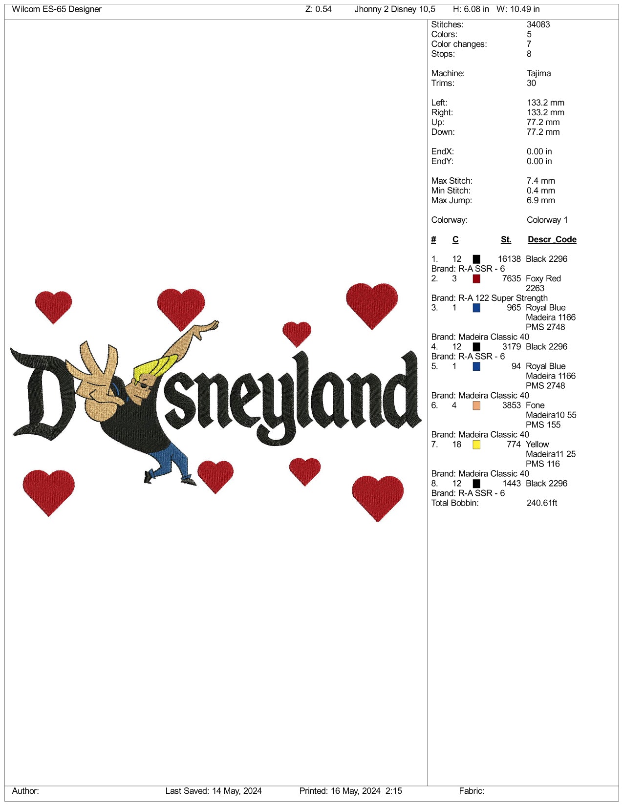 Johnny Bravo v1 Disneyland Embroidery Design Files - 3 Sizes