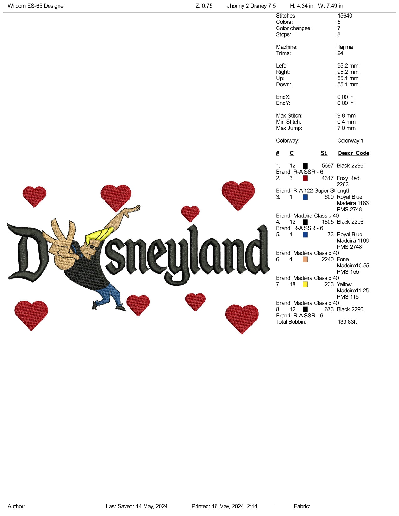 Johnny Bravo v1 Disneyland Embroidery Design Files - 3 Sizes