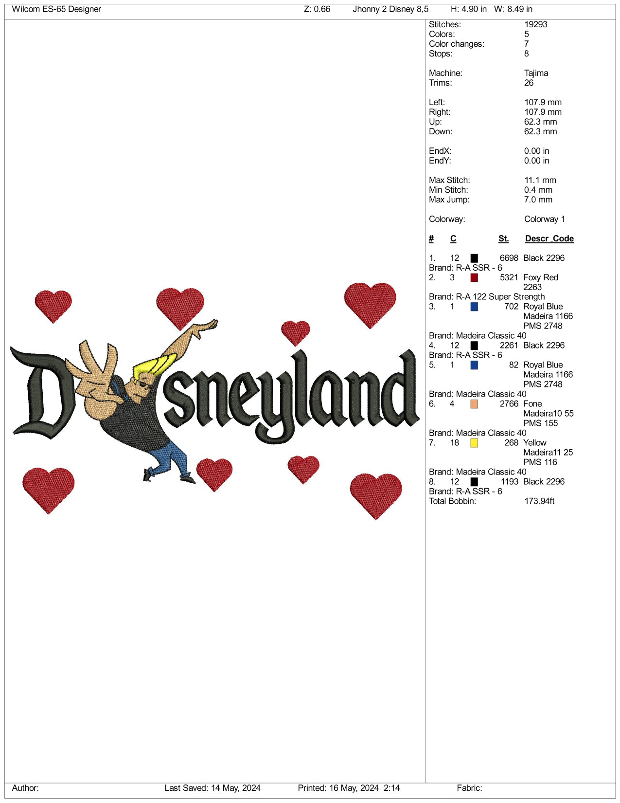 Johnny Bravo v1 Disneyland Embroidery Design Files - 3 Sizes