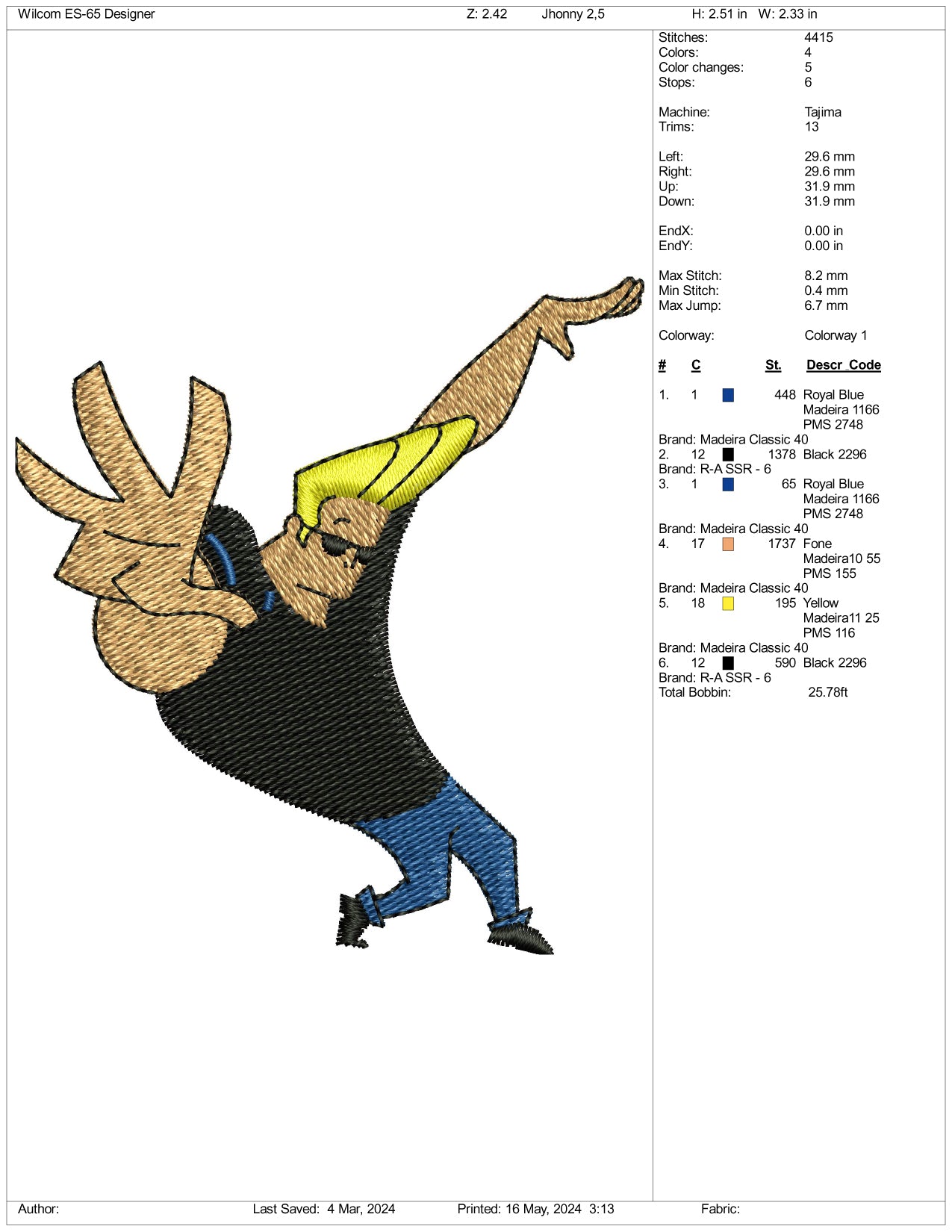 Johnny Bravo v1 Embroidery Design Files - 3 Sizes