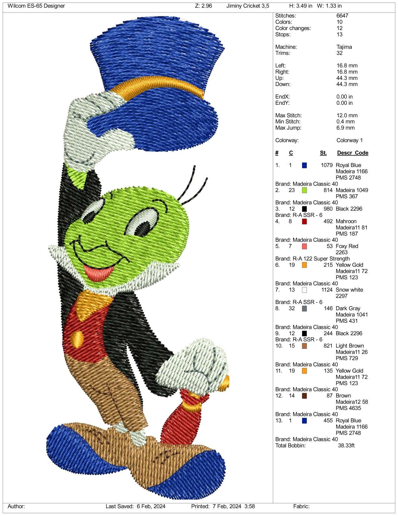 Jimmy Cricket Embroidery Design Files - 3 Size's