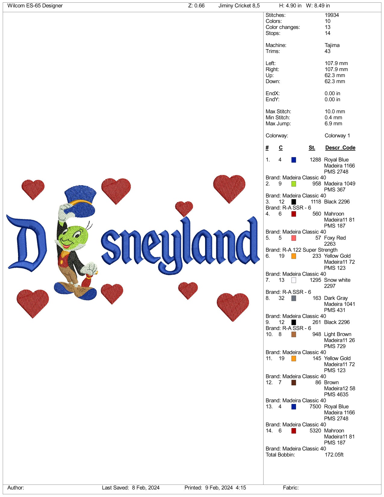 Jimmy Cricket Disneyland  Embroidery Design Files - 3 Size's