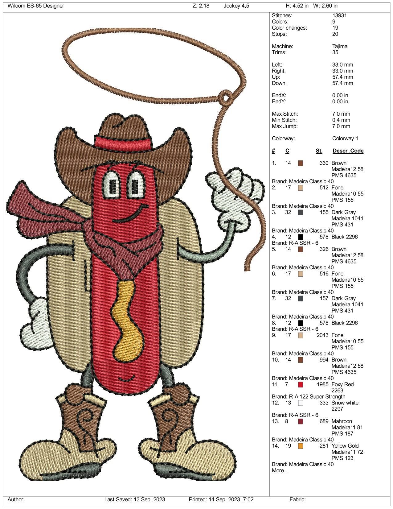 Hot Dog Cowboy Embroidery Design Files - 3 Size's