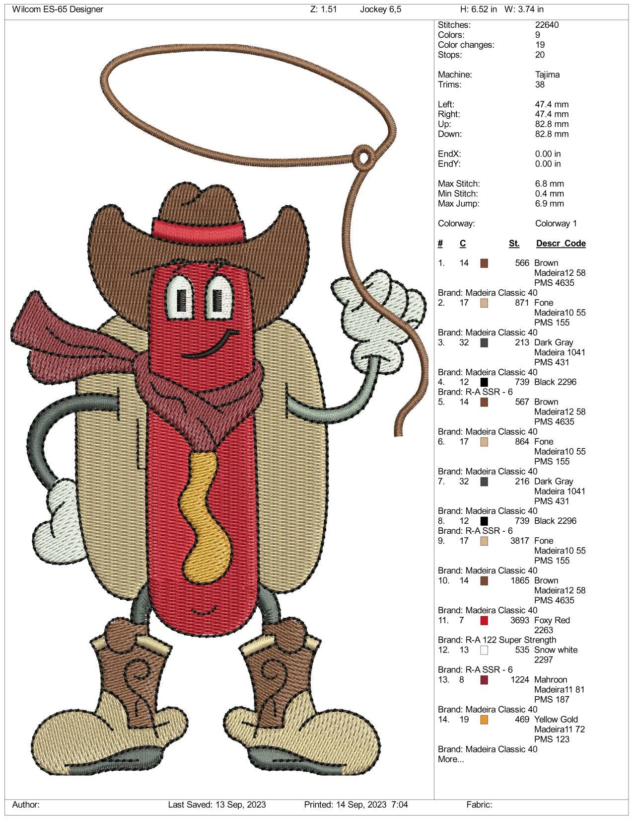 Hot Dog Cowboy Embroidery Design Files - 3 Size's