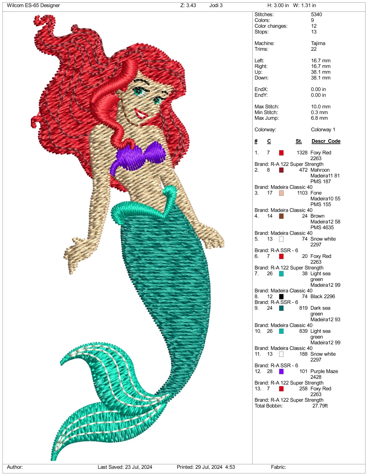 Ariel v4 Embroidery Design Files - 3 Size's