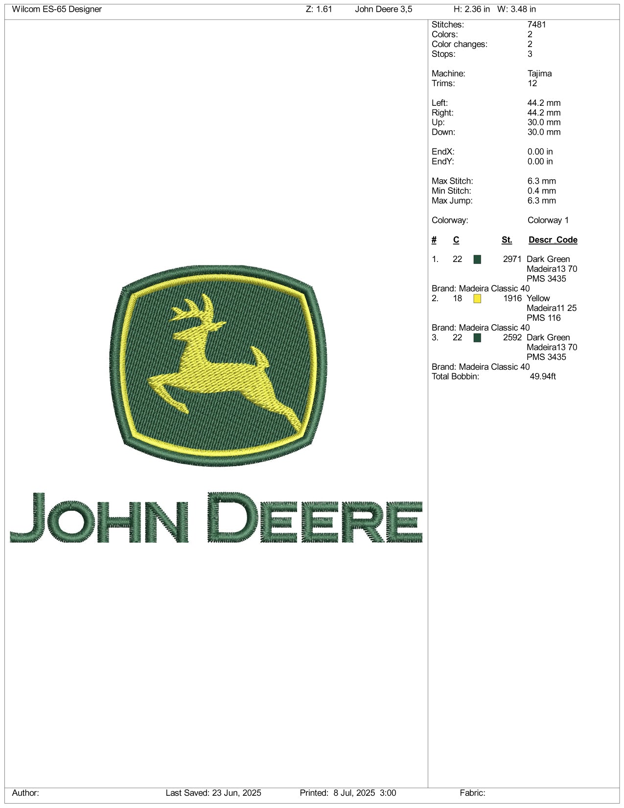 John Deere Logo Embroidery Design Files - 3 Size's