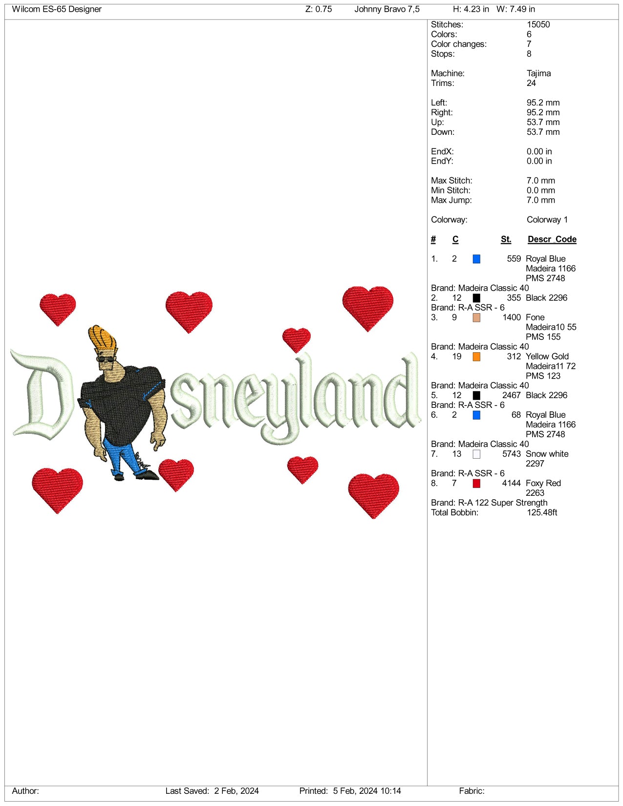 Johnny Bravo Disneyland Embroidery Design Files - 3 Size's