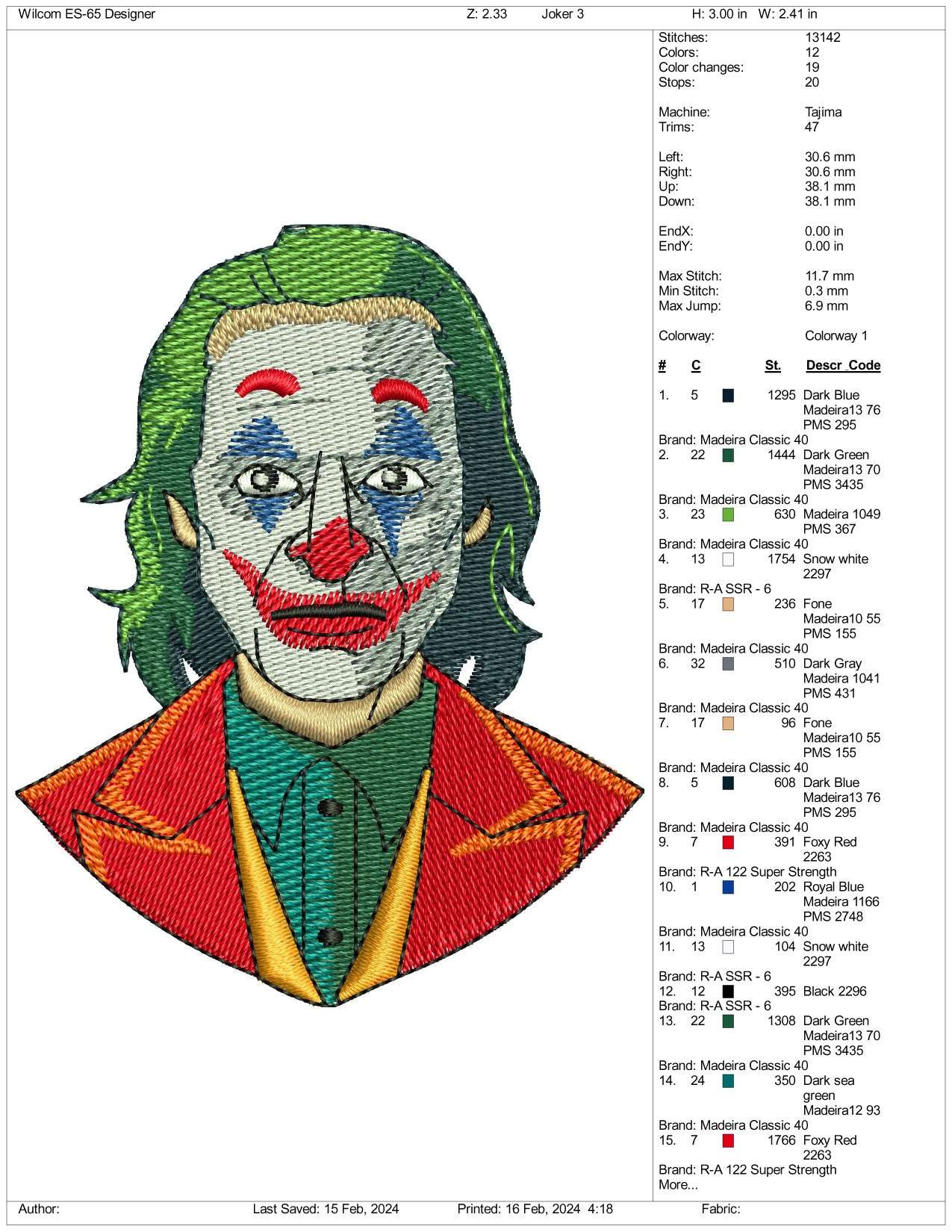 Joker v2 Embroidery Design Files - 3 Size's