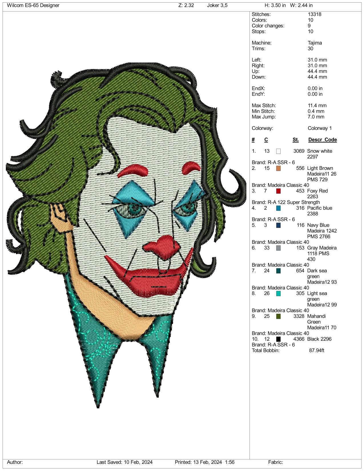 Joker Face Embroidery Design Files - 3 Size's