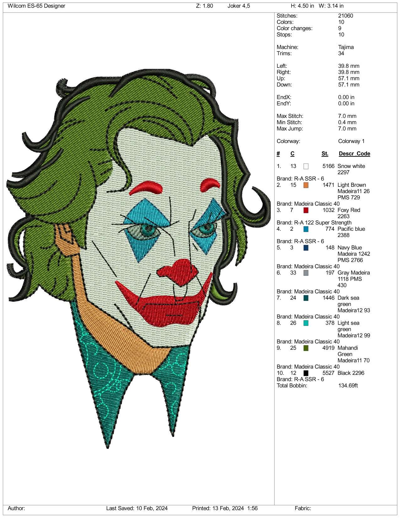 Joker Face Embroidery Design Files - 3 Size's