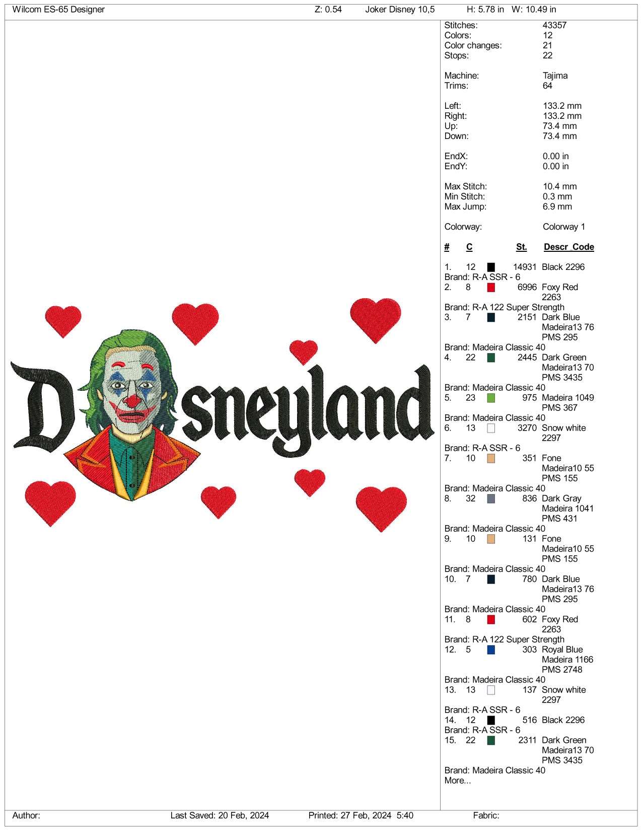 Joker v2 Disneyland Embroidery Design Files - 3 Size's