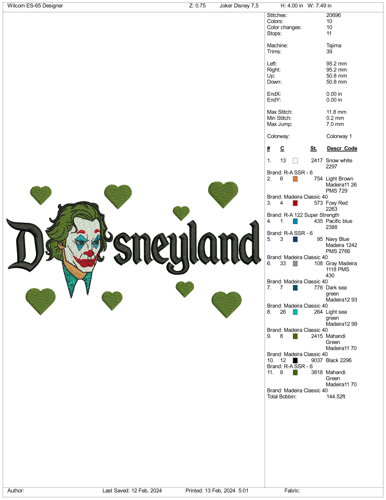 Joker Face Disneyland Embroidery Design Files - 3 Size's