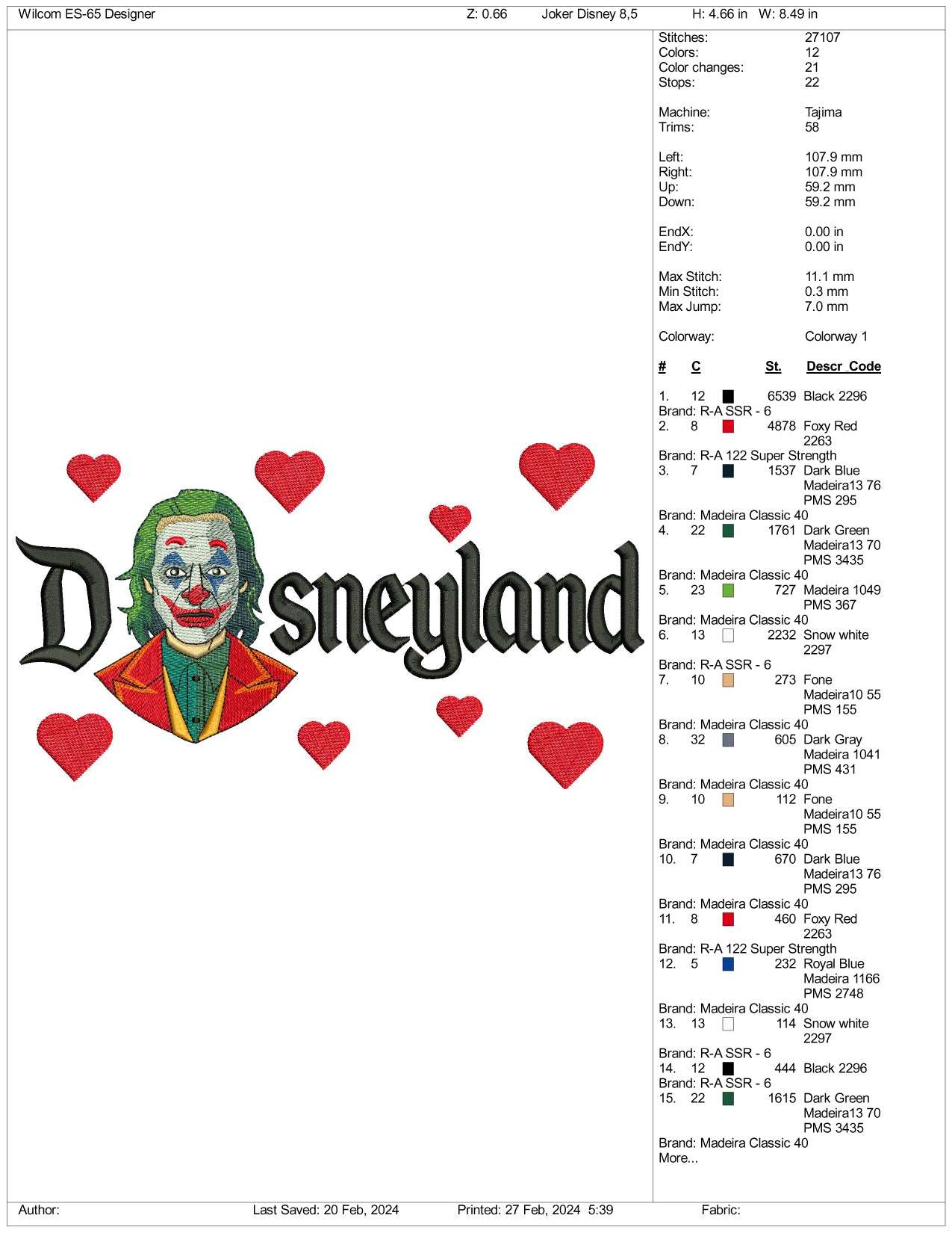 Joker v2 Disneyland Embroidery Design Files - 3 Size's